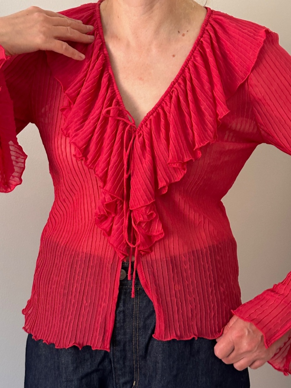 Zara - Fuschia Pink Sheer Flounce Ruffle Pleated Tie Blouse - M